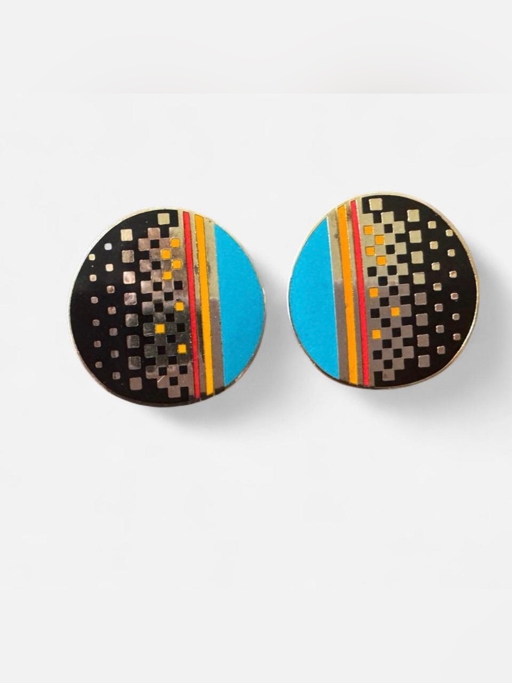 Vintage Laurel Burch “Raji” Colorful Geometric Metal Clip On Earrings
